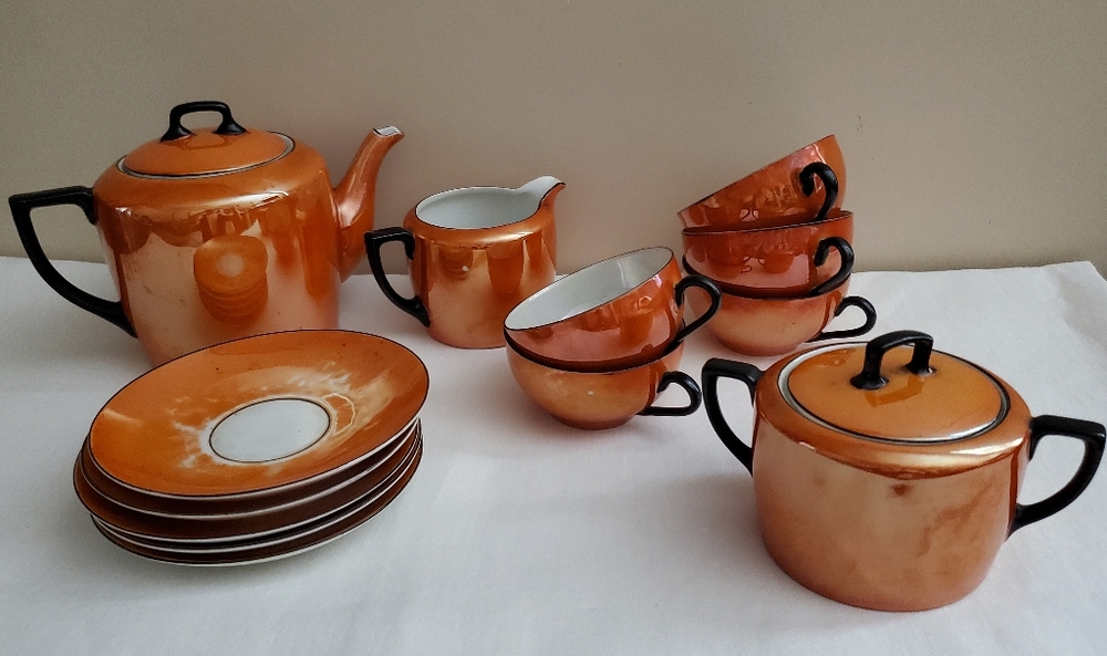 Vtg 1940's German Orange Portelain Tea Set